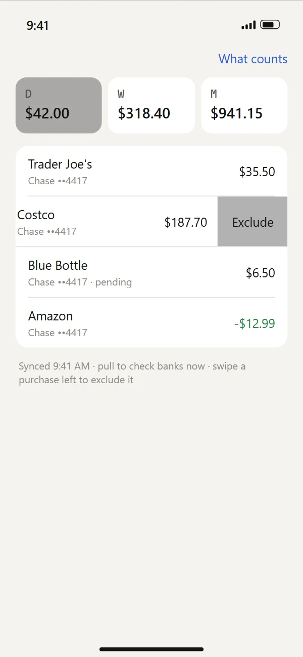 Budget's app: the D, W and M totals over the purchases behind them, one swiped left to exclude it