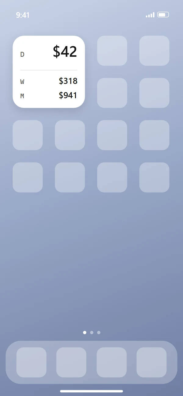 Budget's home-screen widget: D $42 for today, W $318 for the week, M $941 for the month