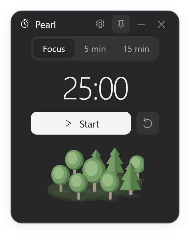 Pearl ready for a 25-minute focus, its forest under the timer